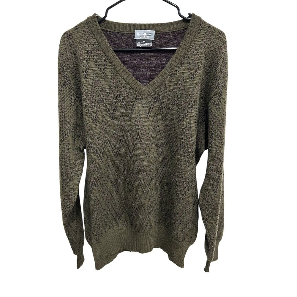 Chevron Patterned Olive Purple V-Neck Sweater Sz XL Made In Uruguay Merino Wool